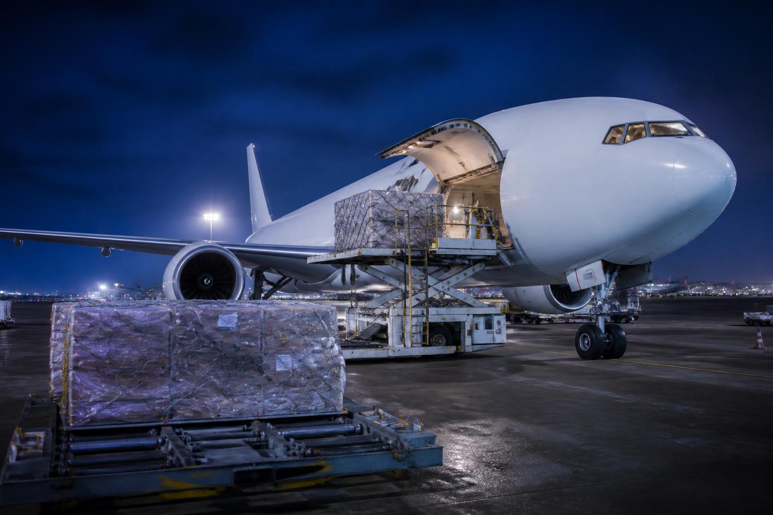 Air cargo freighter being loaded with palletised freight at Heathrow